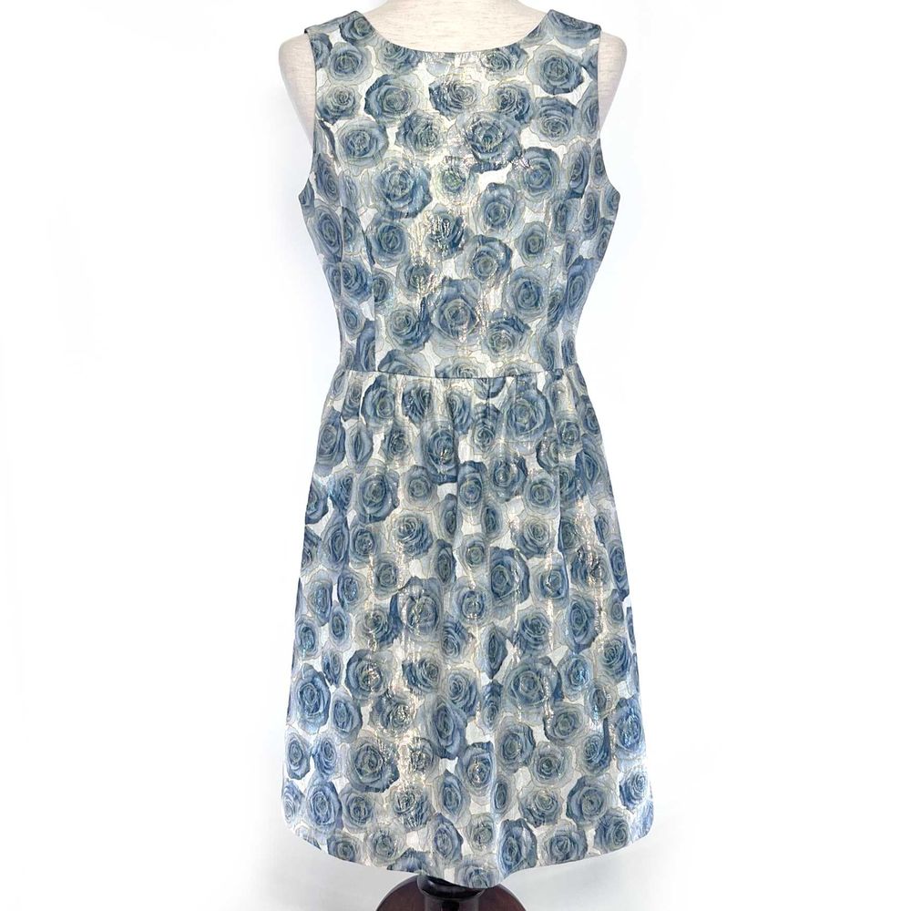 Belle Badgley Mischka Gathered Waist Dress Womens Sz 8 Blue Rose Metallic Thread